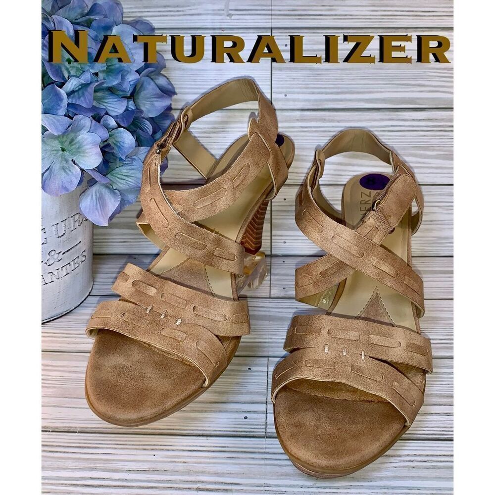 Naturalizers Dade Tan Whipstitch Platform Strappy Crisscross Sandal W/Side Velcr